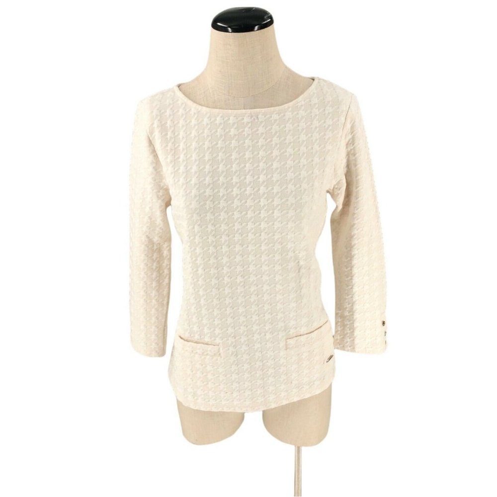 IZOD Womens Sweater Large Ivory Pullover Blouse Textured Slip Pockets Long Slv